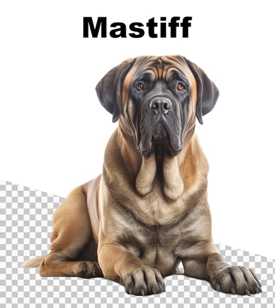 Une affiche avec un chien Mastiff et le mot Mastiff en haut