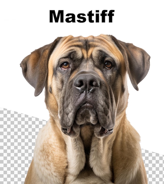 Une affiche avec un chien Mastiff et le mot Mastiff en haut