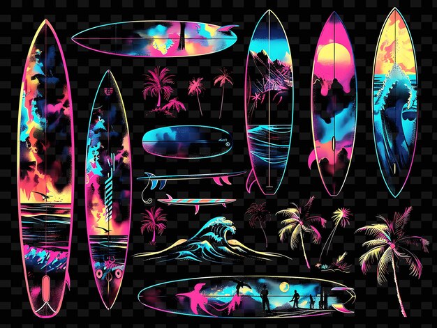 Une Affiche Colorée Avec Des Planches De Surf Et Des Palmiers