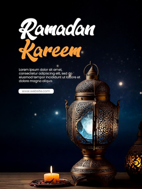 Affiche Du Ramadan Kareem Avec Lanterne Arabe Sur Une Table Avec Un Fond Avec Le Fond Du Ciel Nocturne