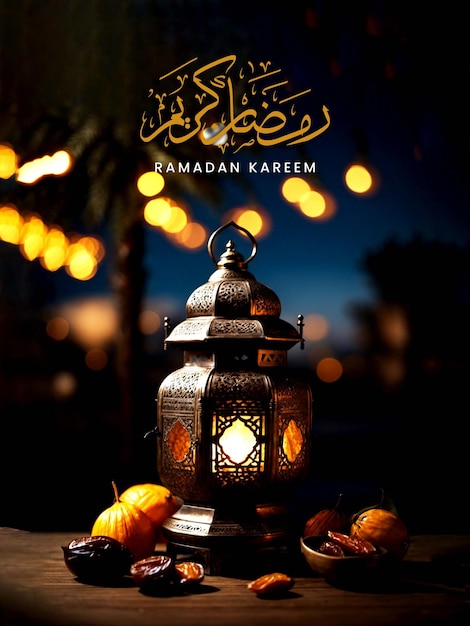 Une Affiche Du Ramadan Avec Des Lanternes Arabes, Des Dattes Sur Une Table Avec Un Beau Ciel Nocturne.