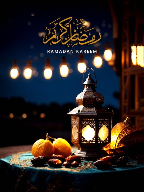 Une Affiche Du Ramadan Avec Des Lanternes Arabes, Des Dattes Sur Une Table Avec Un Beau Ciel Nocturne.