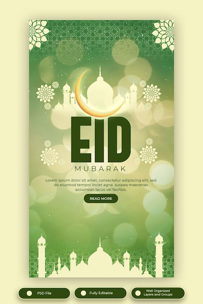 Une Affiche Eid Mubarak Avec Un Fond Vert Et Un Croissant Et Une étoile En Bas.