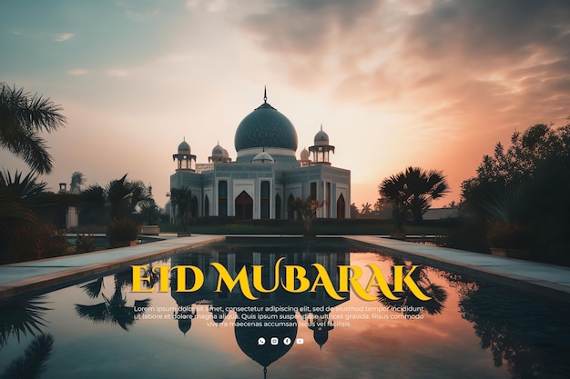 Une affiche eid mubarak avec le reflet d'une mosquée dans l'eau.