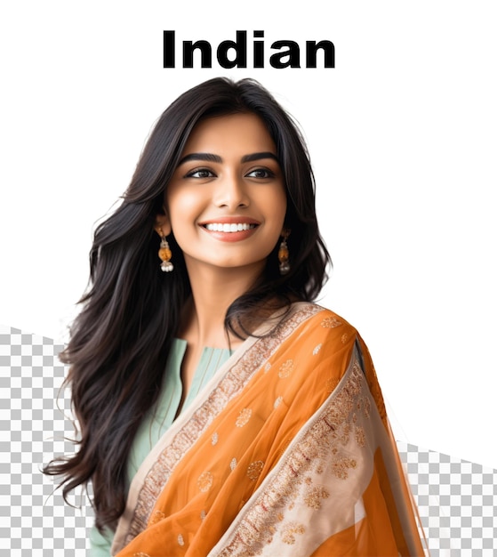 Une affiche avec une femme indienne souriante et le mot Indien sur elle