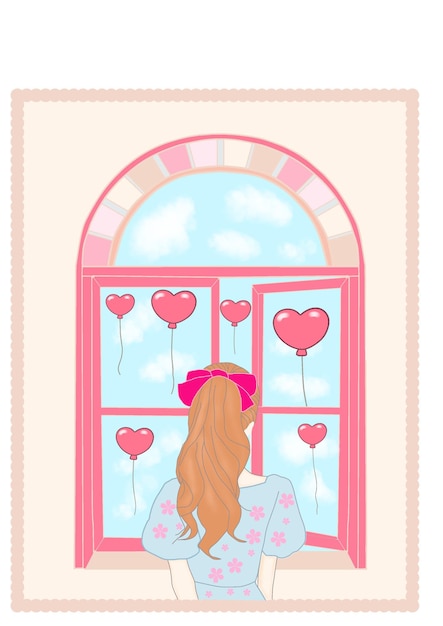 une affiche avec une femme regardant par une fenêtre avec des cœurs dessus