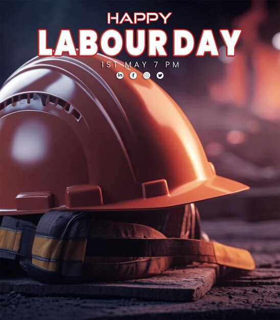 PSD affiche de la fête du travail avec un casque de travailleur de la construction et un poste social de la fête internationale du travail