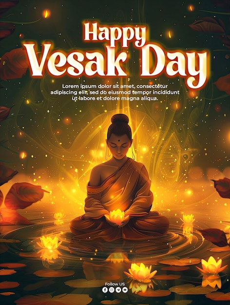PSD une affiche de la fête du vesak avec en arrière-plan une statue de bouddha remplie de lumière magique