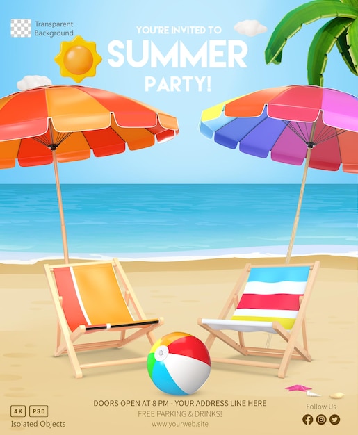 Affiche de fête d'été de rendu 3D avec parasols, chaises de plage et ballon de plage sur fond de mer
