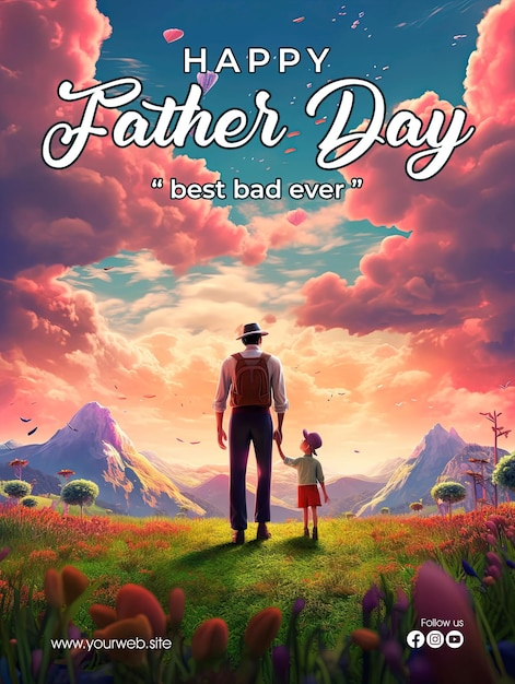 PSD affiche de la fête des pères heureuse avec un fond de père et fils regardant un très beau ciel