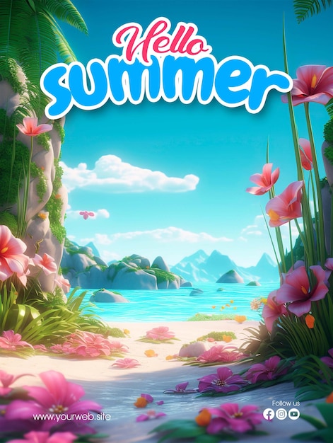 PSD une affiche avec un fond bleu qui dit bonjour l'été dessus