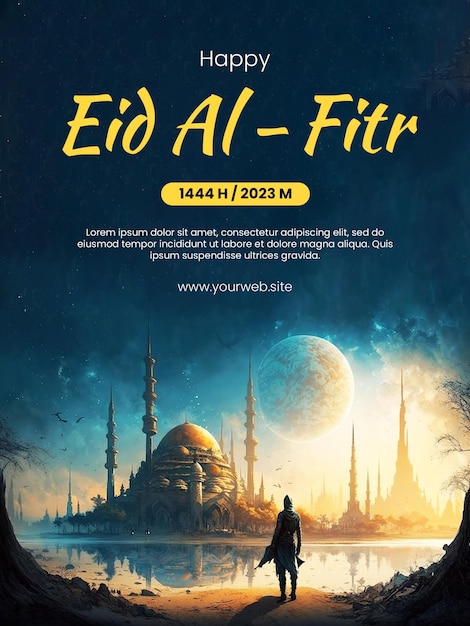 Affiche Happy Eid AlFitr avec un arrière-plan où quelqu'un voit une magnifique mosquée