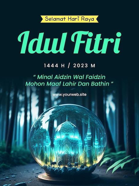 Affiche Happy Eid AlFitr avec un fond de mosquée dans un cristal de verre