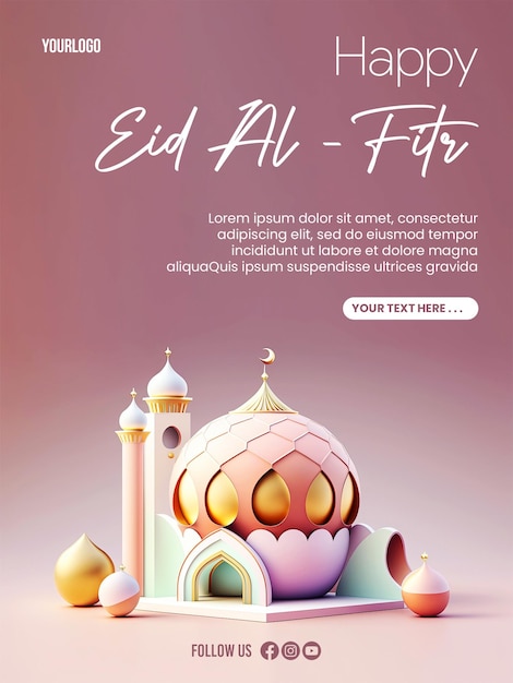 PSD affiche happy eid alfitr avec fond de mosquée miniature de couleur pastel mignon