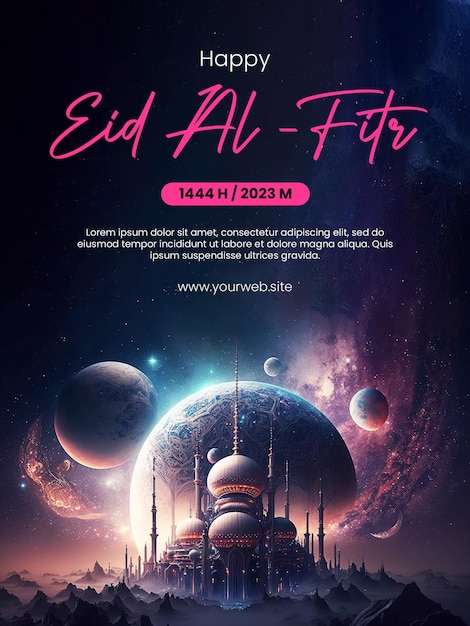 Affiche Happy Eid AlFitr avec un fond de mosquée sur le thème de l'espace