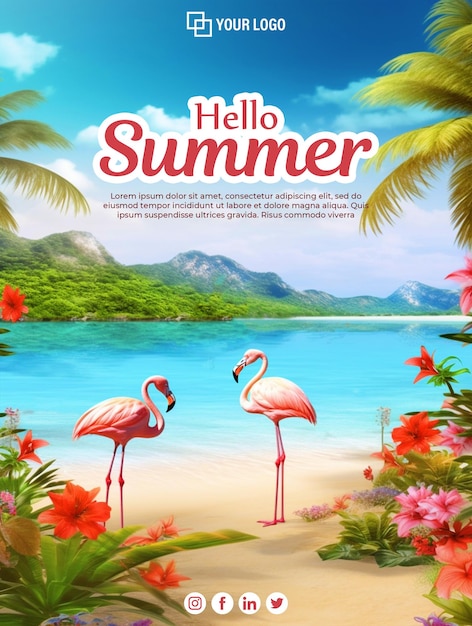 Affiche Hello Summer Beach Avec Des Arbres Tropicaux Et Des Flamants Roses