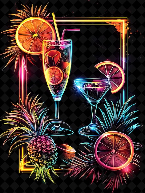 PSD une affiche avec une image d'un ananas et deux verres de cocktails