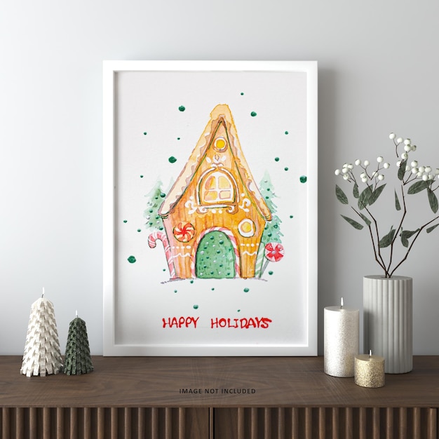 PSD affiche intérieure maquette avec décorations de noël et cadeau