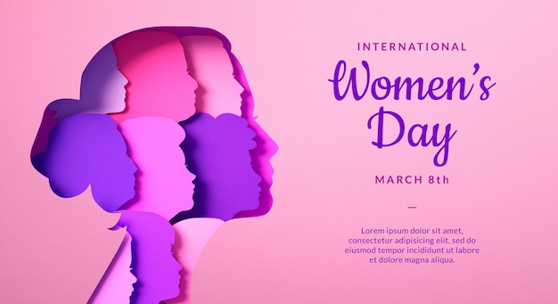 PSD affiche de la journée des femmes avec des silhouettes de visages de femmes dans un style de papier découpé et un espace de copie