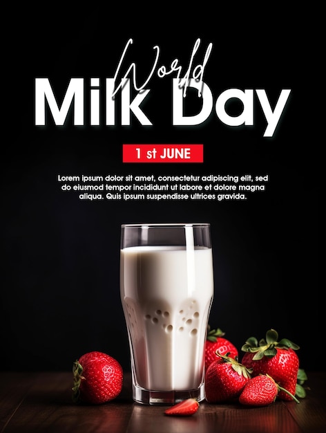 PSD affiche de la journée mondiale du lait avec du lait et des fraises