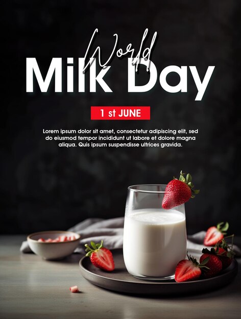 PSD affiche de la journée mondiale du lait avec du lait et des fraises