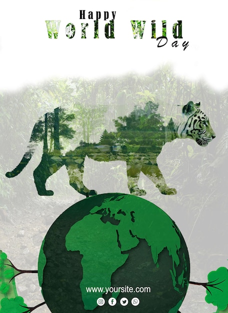 PSD affiche de la journée mondiale de la faune psd avec silhouette de tigre debout sur terre