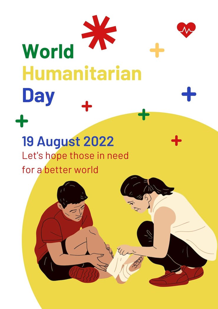 PSD affiche de la journée mondiale de l'humanité en jaune et rouge