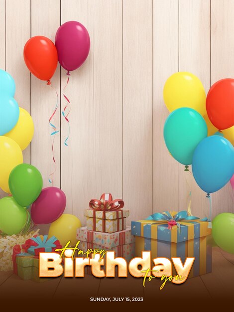 PSD affiche de joyeux anniversaire psd avec des ballons délicieux gâteau d'anniversaire et fond de boîte cadeau
