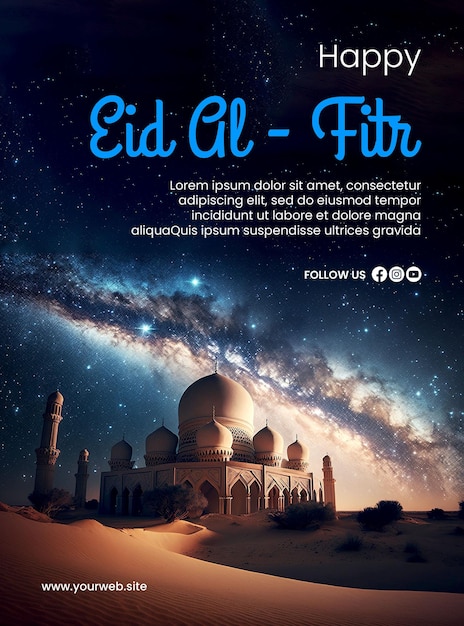 Affiche De Joyeux Eid Alfitr Avec Un Fond De Mosquée Et L'image Ai Créative Du Ciel De La Voie Lactée