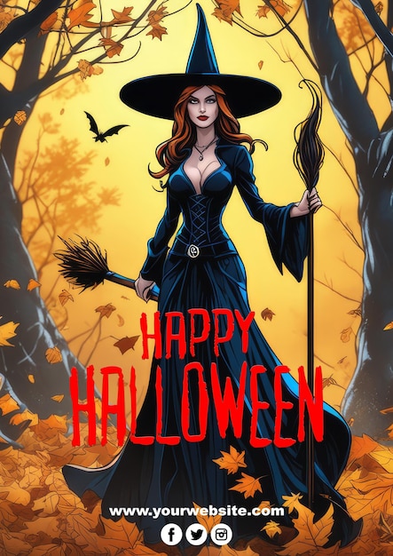 PSD affiche de joyeux halloween avec une sorcière dans un chapeau psd modifiable pour votre affiche