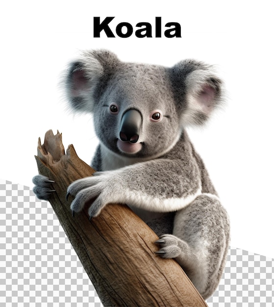 Une affiche avec un Koala sur un tronc avec le mot Koala sur le dessus
