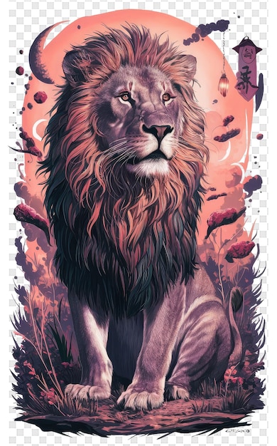 PSD une affiche d'un lion avec un fond rouge avec un dragon dessus