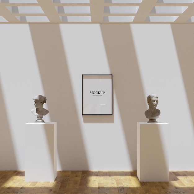 PSD affiche de maquette de cadre minimaliste entre une statue accrochée au mur du musée éclairé par la lumière du soleil