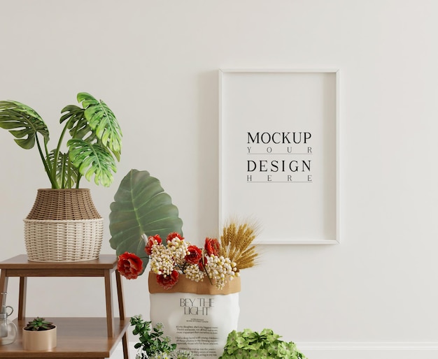 affiche de maquette dans un intérieur simple avec des décorations et des fleurs