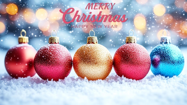 une affiche de Noël avec une boule rouge et une boule d'or scintillante