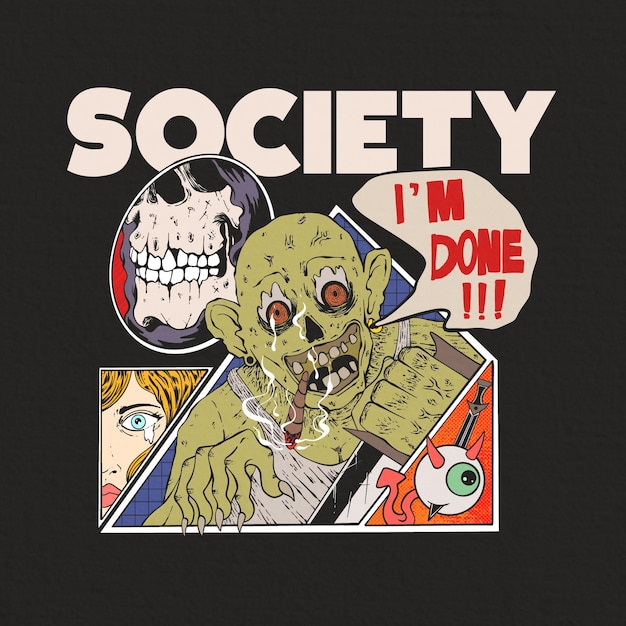 une affiche avec un personnage de dessin animé avec un monstre dessus