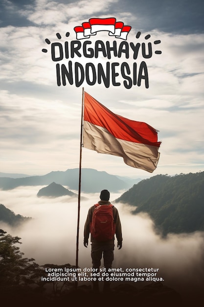 Affiche Avec Photo D'un Homme Tenant Un Drapeau De L'indonésie Avec Vue Sur Le Sommet De La Montagne