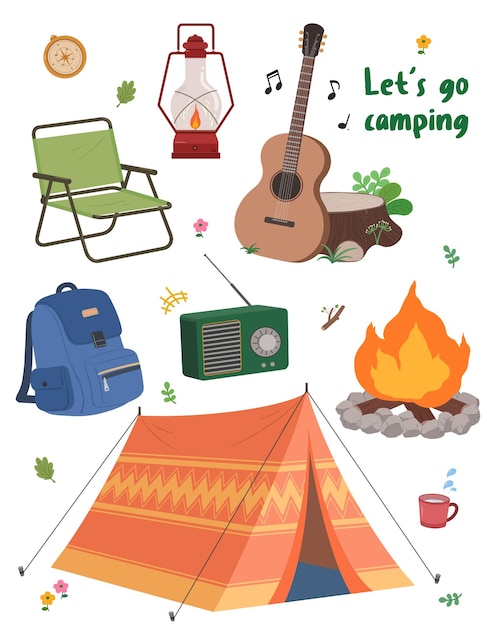 une affiche avec une photo d'une tente de camping et d'une guitare