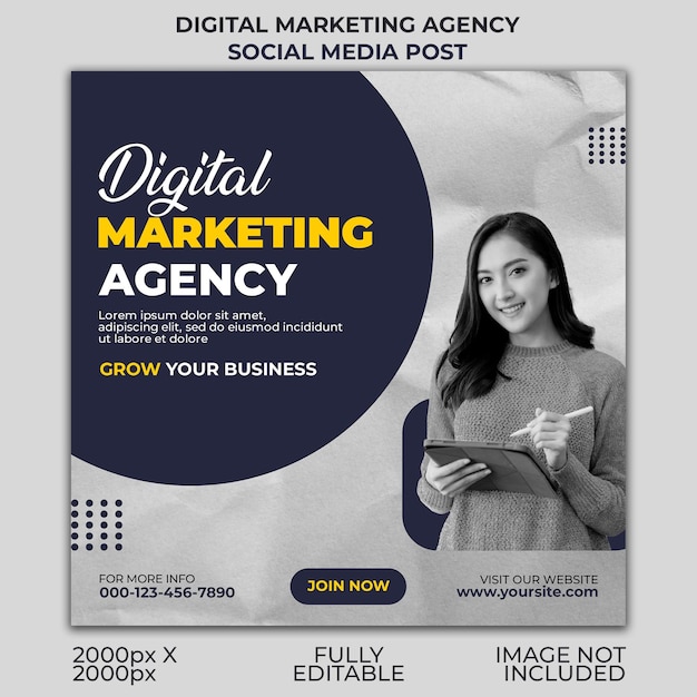 Une affiche pour une agence de marketing numérique qui dit publication sur les réseaux sociaux.