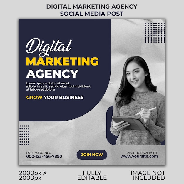 Une affiche pour une agence de marketing numérique qui dit publication sur les réseaux sociaux.