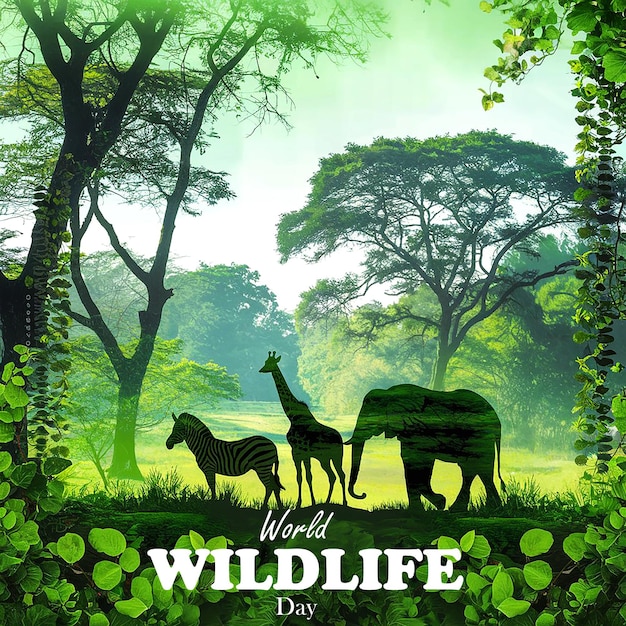 une affiche pour les animaux sauvages avec les mots vie sauvage sur le fond de la journée de la faune