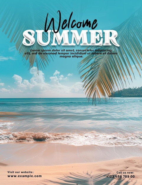 PSD une affiche pour un bonjour d'été avec une plage et un palmier en arrière-plan