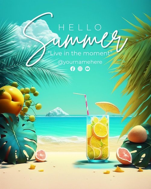 PSD une affiche pour bonjour l'été qui est sur la plage