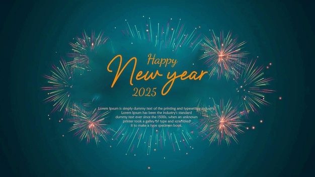 une affiche pour une bonne année avec des feux d'artifice et un fond bleu