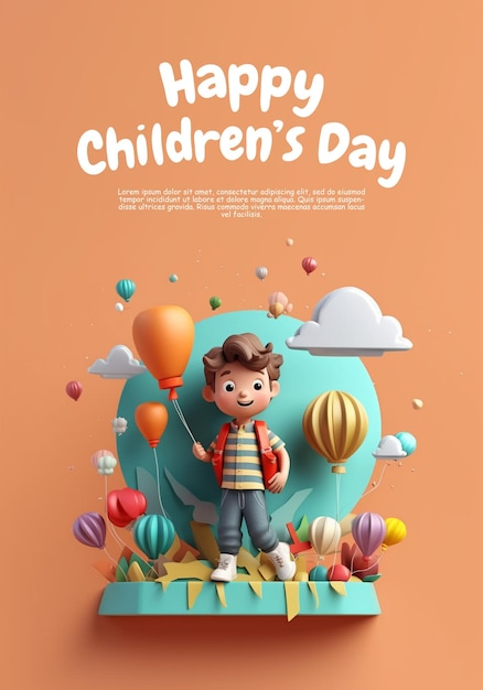 PSD une affiche pour la bonne fête des enfants avec un garçon en arrière-plan.