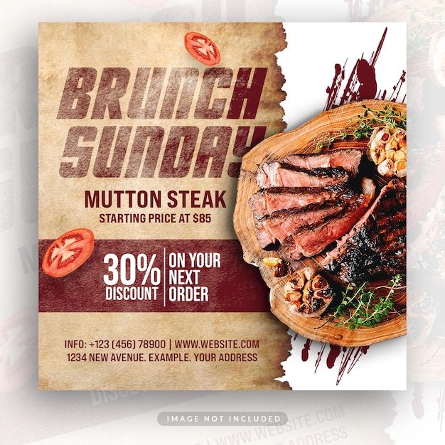 PSD une affiche pour le brunch du dimanche avec un steak dessus.