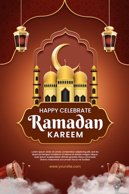 Une affiche pour célébrer le ramadan kareem avec une mosquée et une lanterne.