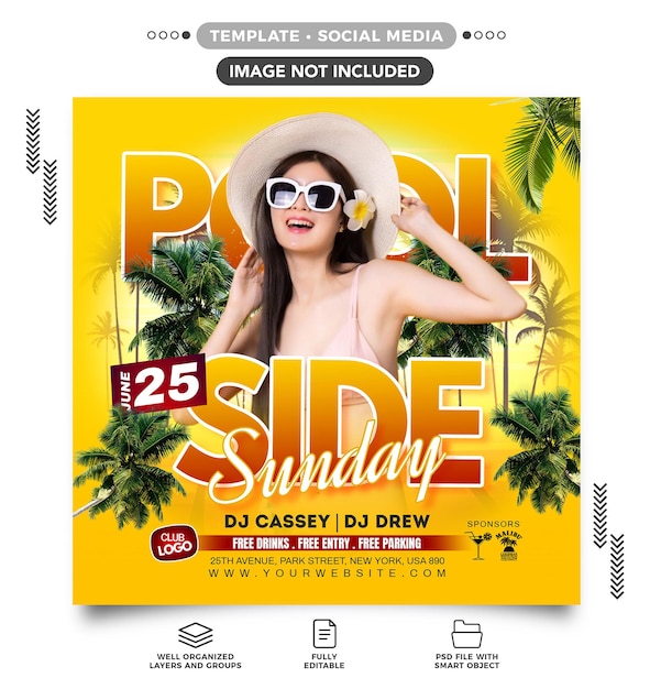 PSD une affiche pour un dimanche au bord de la piscine avec des palmiers en arrière-plan.