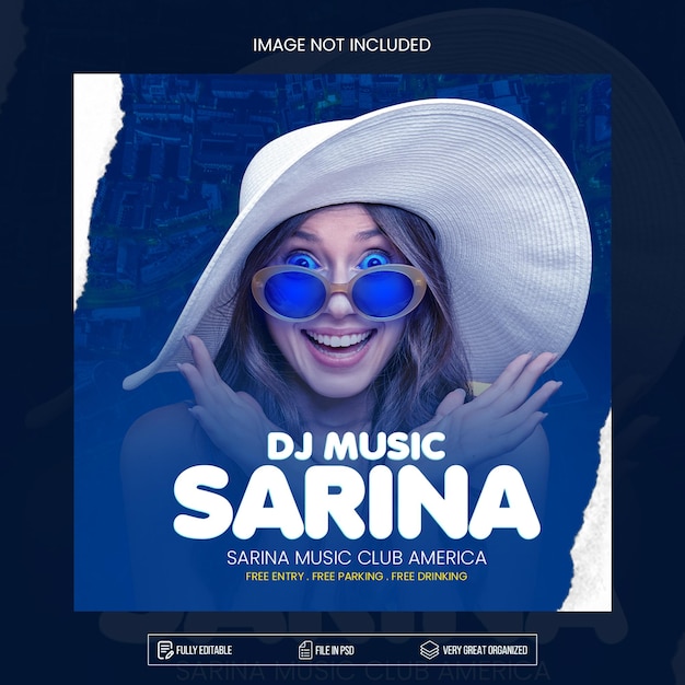 Une affiche pour dj music sarina avec une femme coiffée d'un chapeau.