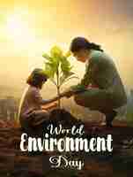 PSD une affiche pour l'environnement de l'environnement avec une fille et un arbre